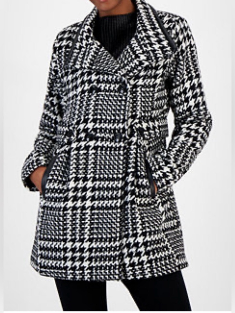 BCX Women's Black/White
Houndstooth Mid-Length Pea Coat
M Button Pockets BW48281